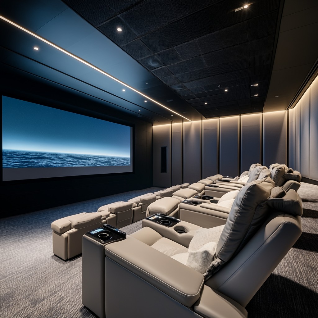 Home theater with tiered leather recliners and a large projection screen