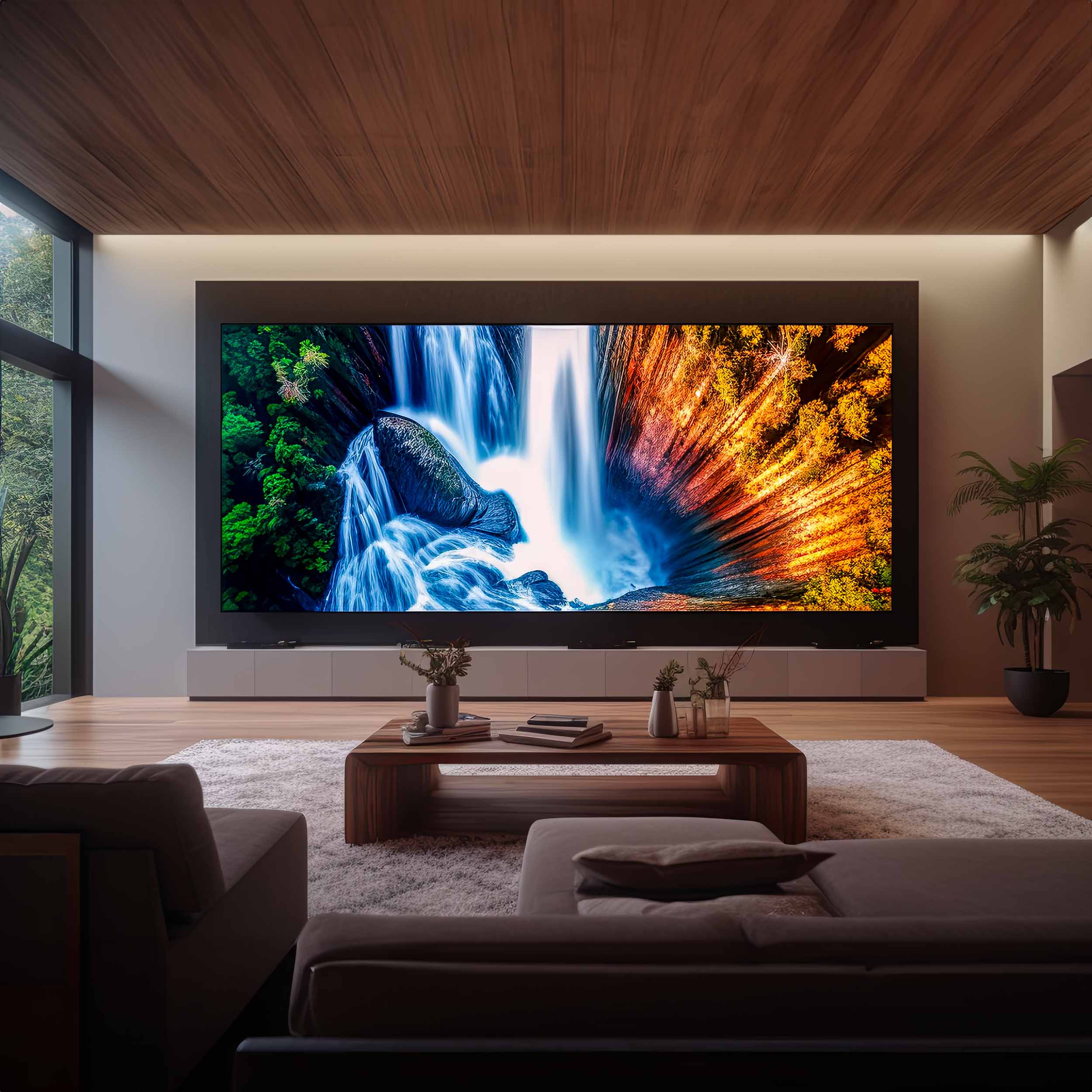 Large wall-mounted TV in a modern living room with warm ambient lighting