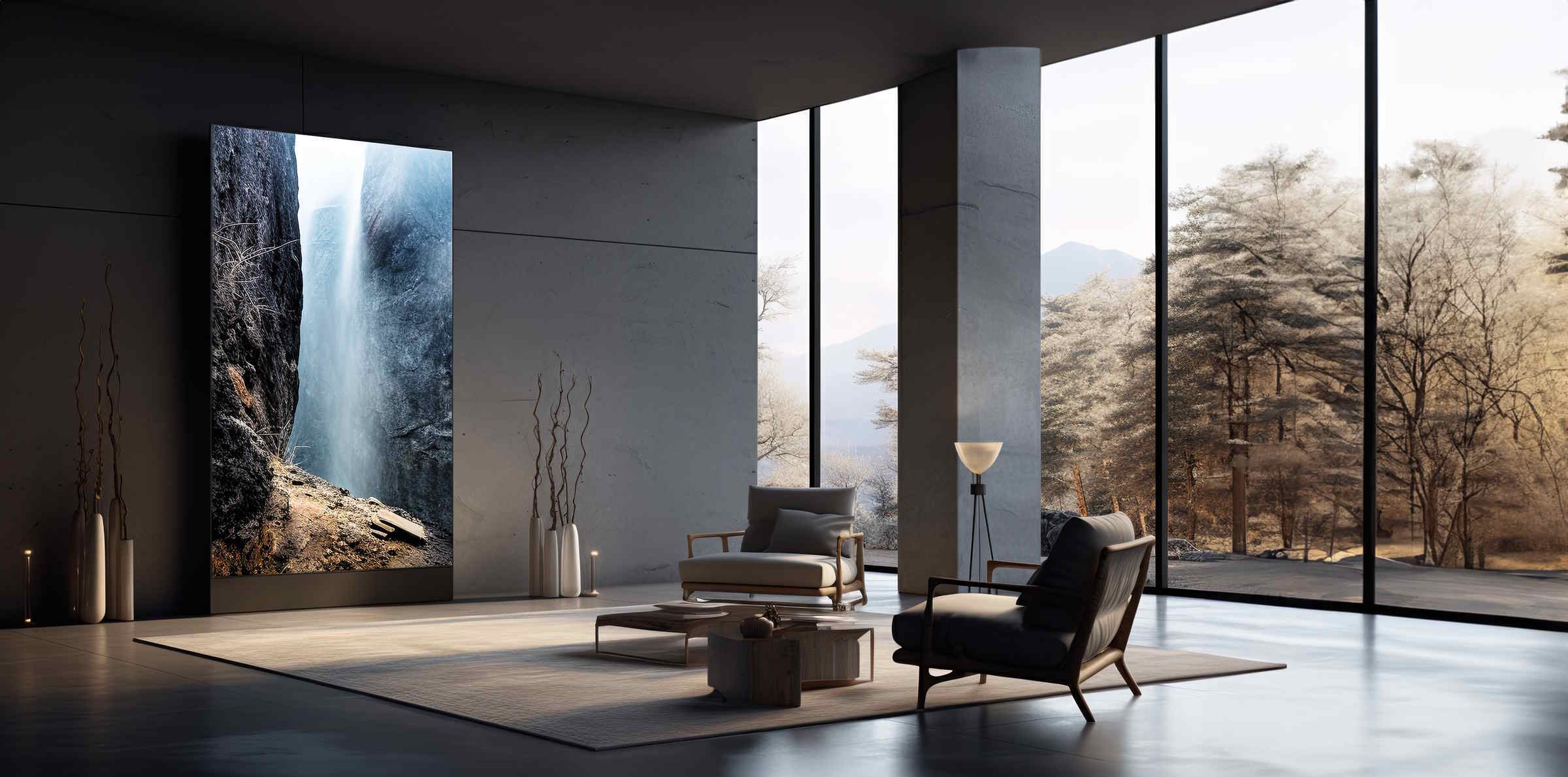 Large vertical display screen in a minimalist living room with floor-to-ceiling windows