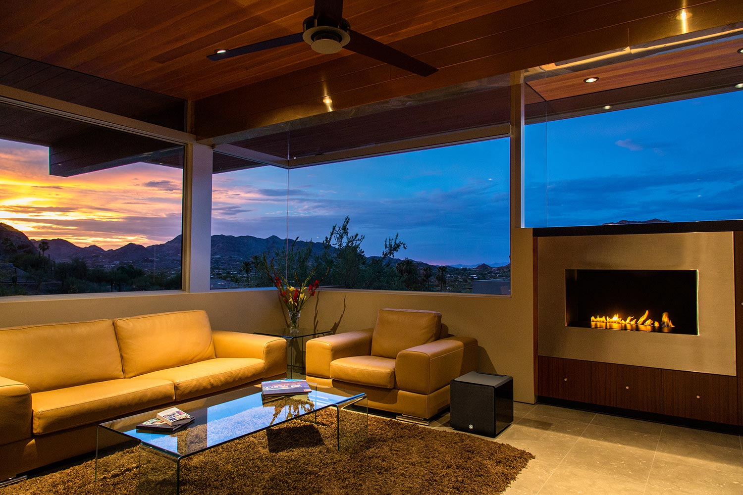 Modern living room with a fireplace, subwoofer, and mountain sunset views