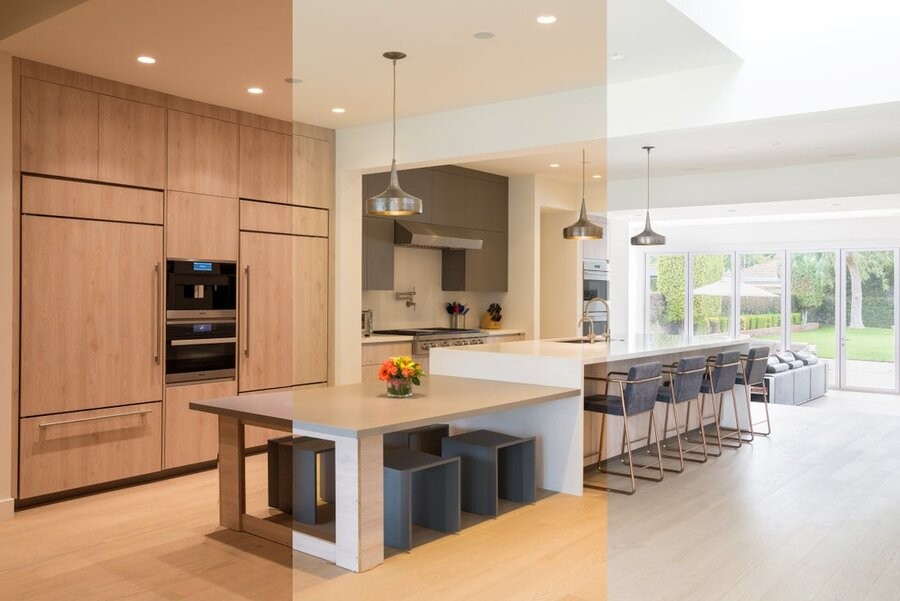 A kitchen space showing different color temperatures from Ketra lighting