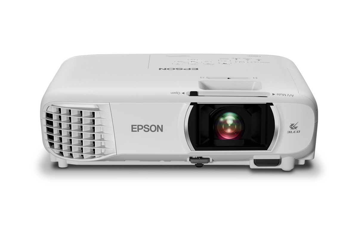 Front view of a white Epson 3LCD projector showing its lens, air vents, and control panel for home or business use.