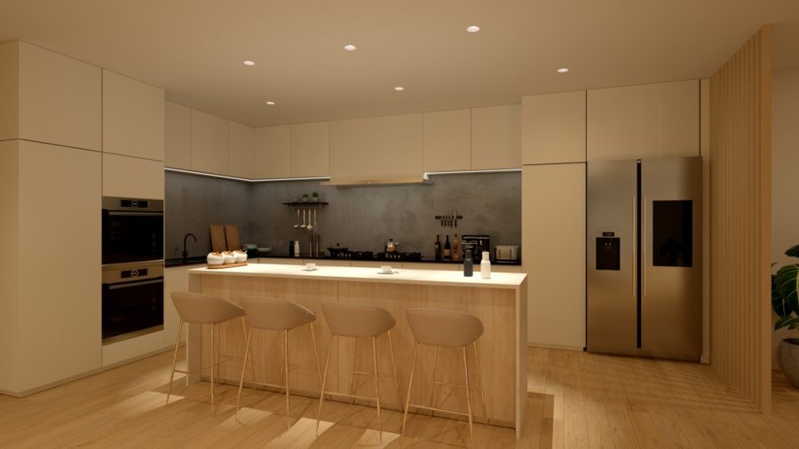 A kitchen island elegantly illuminated with warm DMF LED lighting.
