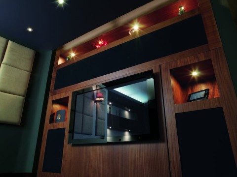  A home entertainment center featuring B&W speakers.