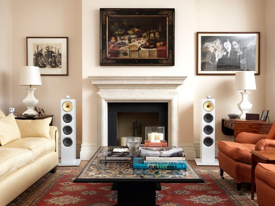 A living space with two Bowers & Wilkins high-end audio speakers in place.