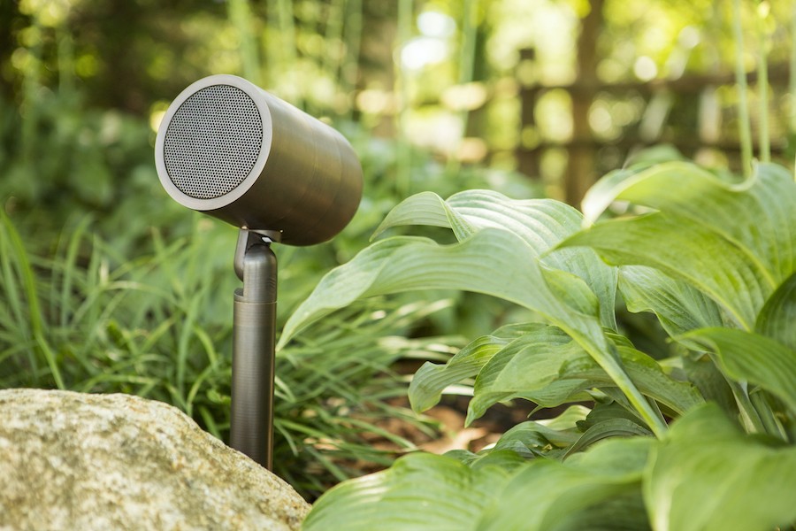 A Coastal Source speaker is camouflaged in landscaping elements such as rocks and plants.